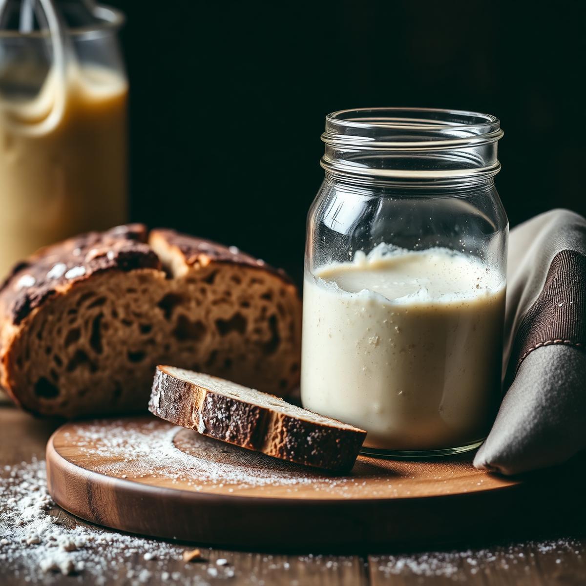 Active sourdough starter beside a fresh sourdough loaf